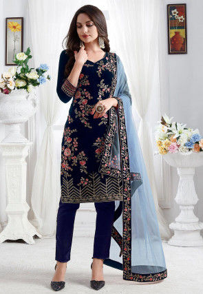 Embroidered Velvet Pakistani Suit in Navy Blue
