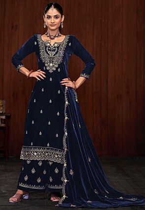 Embroidered Velvet Pakistani Suit in Navy Blue