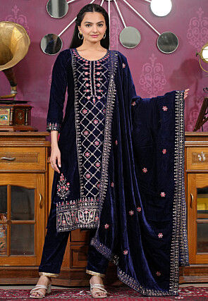 Embroidered Velvet Pakistani Suit in Navy Blue