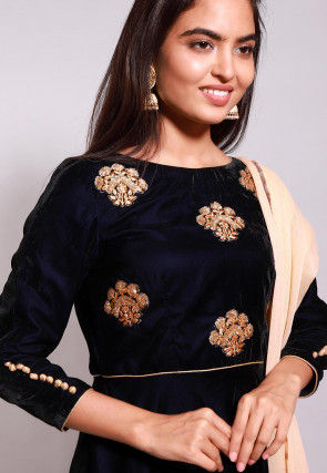 Embroidered Velvet Pakistani Suit in Navy Blue