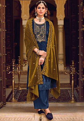 Embroidered Velvet Pakistani Suit in Navy Blue