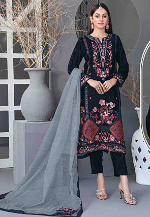 Embroidered Velvet Pakistani Suit in Navy Blue
