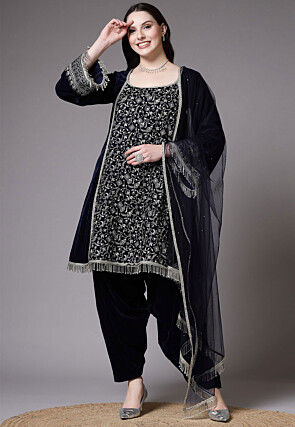 Embroidered Velvet Pakistani Suit in Dark Blue