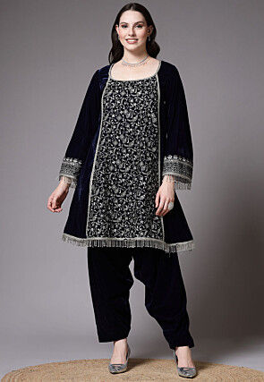 Embroidered Velvet Pakistani Suit in Dark Blue