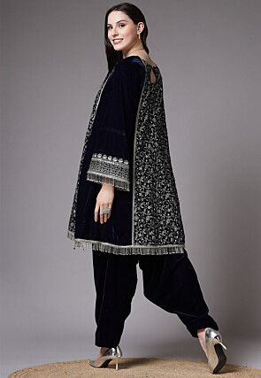 Embroidered Velvet Pakistani Suit in Dark Blue