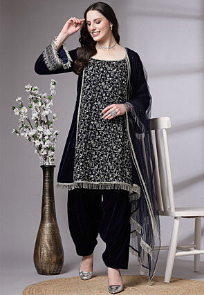 Embroidered Velvet Pakistani Suit in Dark Blue