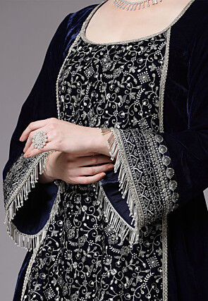 Embroidered Velvet Pakistani Suit in Dark Blue