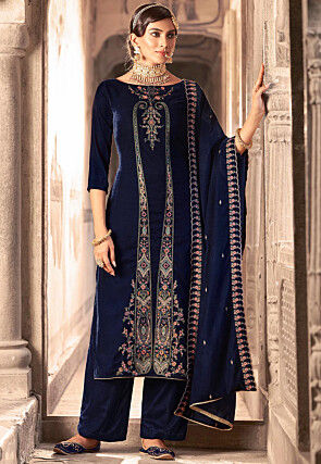 Embroidered Velvet Pakistani Suit in Navy Blue