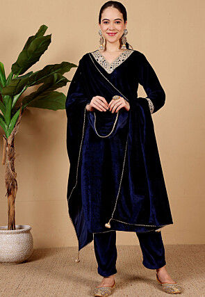 Embroidered Velvet Pakistani Suit in Navy Blue