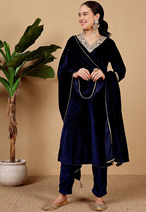 Embroidered Velvet Pakistani Suit in Navy Blue