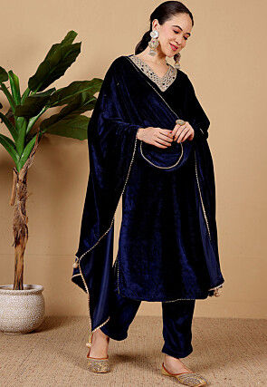 Embroidered Velvet Pakistani Suit in Navy Blue