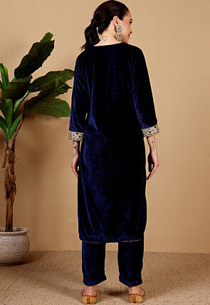 Embroidered Velvet Pakistani Suit in Navy Blue