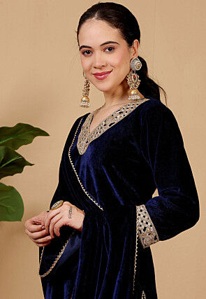 Embroidered Velvet Pakistani Suit in Navy Blue