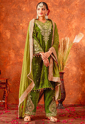 Embroidered Velvet Pakistani Suit in Olive Green