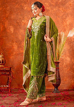Embroidered Velvet Pakistani Suit in Olive Green