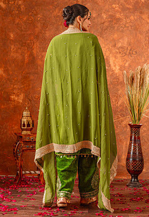 Embroidered Velvet Pakistani Suit in Olive Green