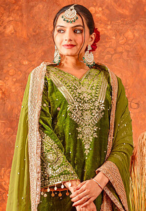 Embroidered Velvet Pakistani Suit in Olive Green