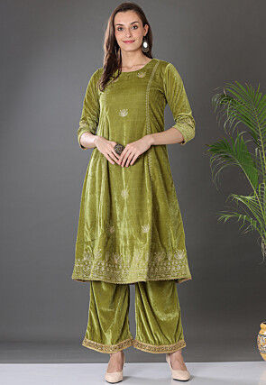 Embroidered Velvet Pakistani Suit in Olive Green