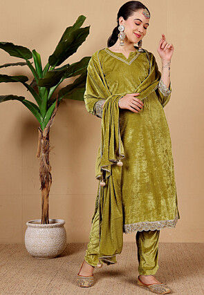 Embroidered Velvet Pakistani Suit in Olive Green