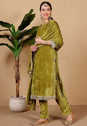 Embroidered Velvet Pakistani Suit in Olive Green