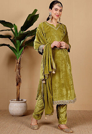 Embroidered Velvet Pakistani Suit in Olive Green