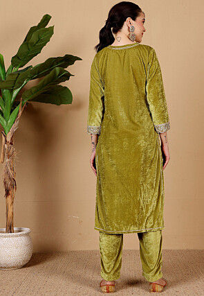 Embroidered Velvet Pakistani Suit in Olive Green