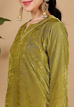 Embroidered Velvet Pakistani Suit in Olive Green