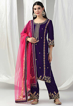 Embroidered Velvet Pakistani Suit in Purple