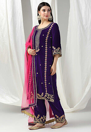 Embroidered Velvet Pakistani Suit in Purple
