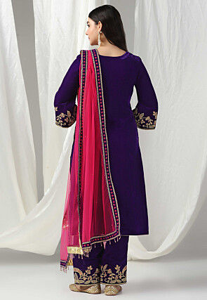 Embroidered Velvet Pakistani Suit in Purple