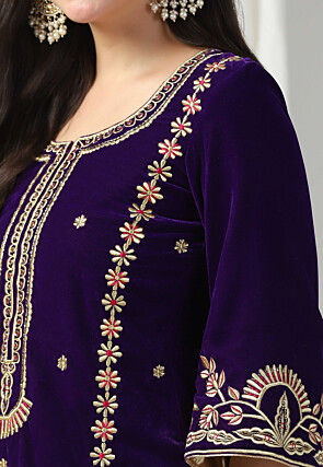 Embroidered Velvet Pakistani Suit in Purple