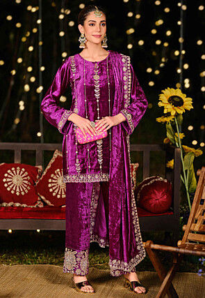 Embroidered Velvet Pakistani Suit in Purple