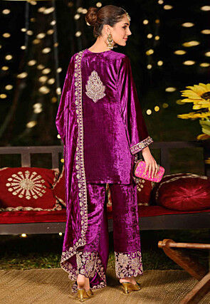 Embroidered Velvet Pakistani Suit in Purple