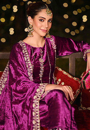 Embroidered Velvet Pakistani Suit in Purple