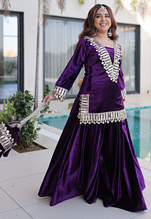 Embroidered Velvet Pakistani Suit in Purple