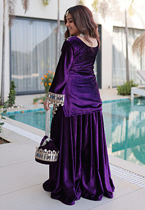 Embroidered Velvet Pakistani Suit in Purple