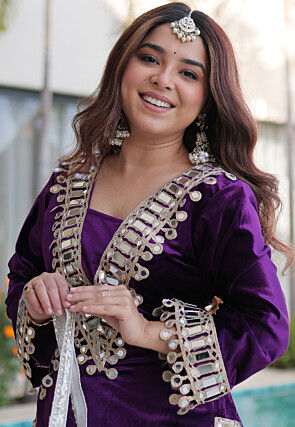 Embroidered Velvet Pakistani Suit in Purple