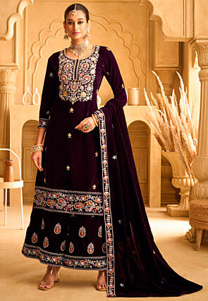 Embroidered Velvet Pakistani Suit in Purple