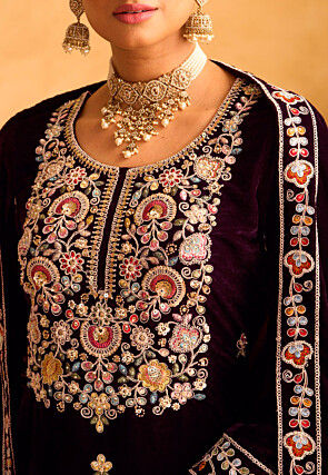Embroidered Velvet Pakistani Suit in Purple