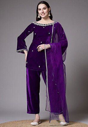 Embroidered Velvet Pakistani Suit in Purple