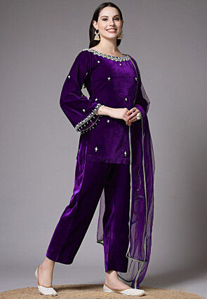Embroidered Velvet Pakistani Suit in Purple