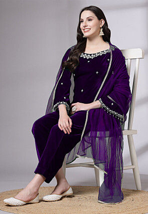 Embroidered Velvet Pakistani Suit in Purple