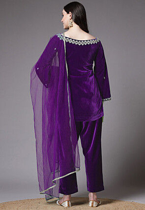Embroidered Velvet Pakistani Suit in Purple