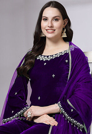 Embroidered Velvet Pakistani Suit in Purple