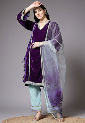 Embroidered Velvet Pakistani Suit in Purple