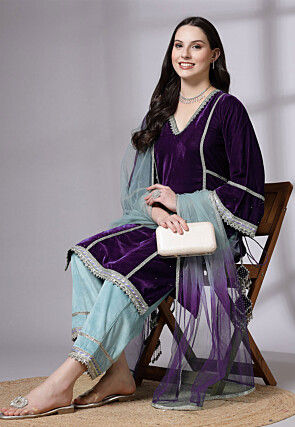 Embroidered Velvet Pakistani Suit in Purple