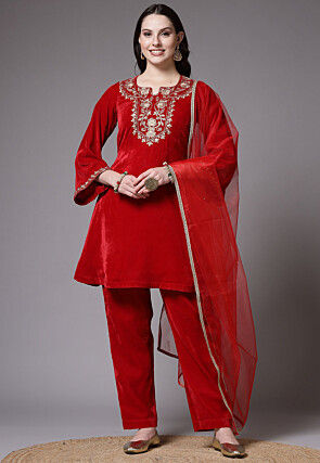 Embroidered Velvet Pakistani Suit in Red