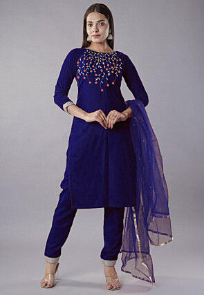 Embroidered Velvet Pakistani Suit in Royal Blue