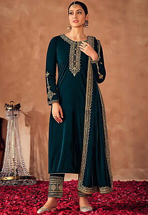 Embroidered Velvet Pakistani Suit in Teal Blue