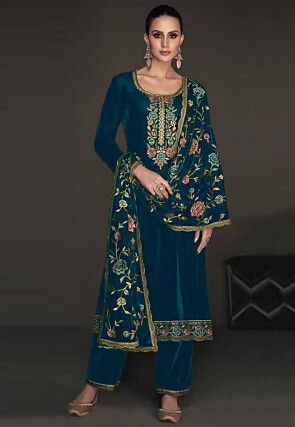 Embroidered Velvet Pakistani Suit in Teal Blue